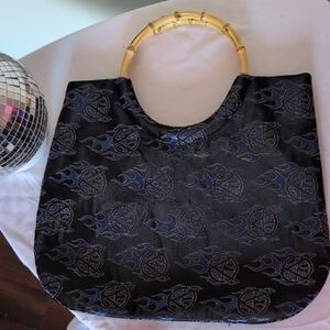 Black Patterned Women's Bag with Bamboo Handle